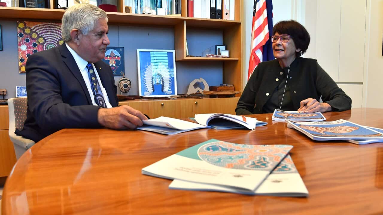 Minister for Indigenous Australians Ken Wyatt and Co-Chair of the Joint Council on Closing the Gap Pat Turner at a photo opportunity at Parliament House in Canberra, Friday, July 3, 2020. (AAP Image/Mick Tsikas) NO ARCHIVING