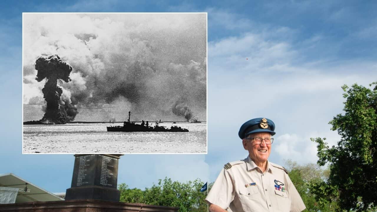 One of the last surviving veterans Brian Winspear (right) and a file photo of the bombing in 1942 (inset).