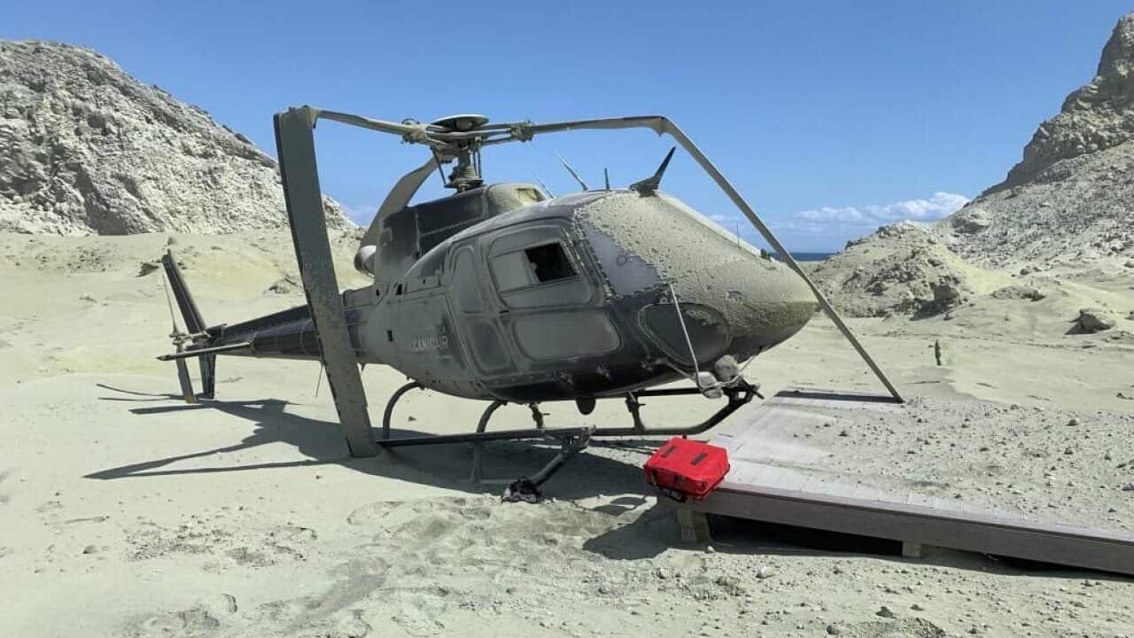 A helicopter destroyed in the eruption.