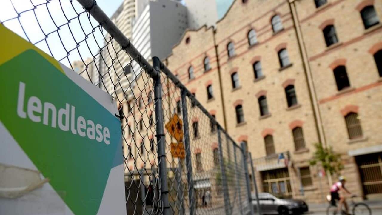 A Lendlease logo is seen on temporary fencing in Sydney's CBD