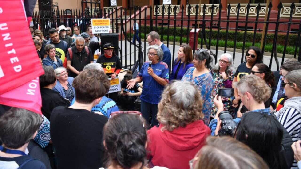 Protesters at the Stop Forced Adoptions Protest outside Parliament House in Sydney