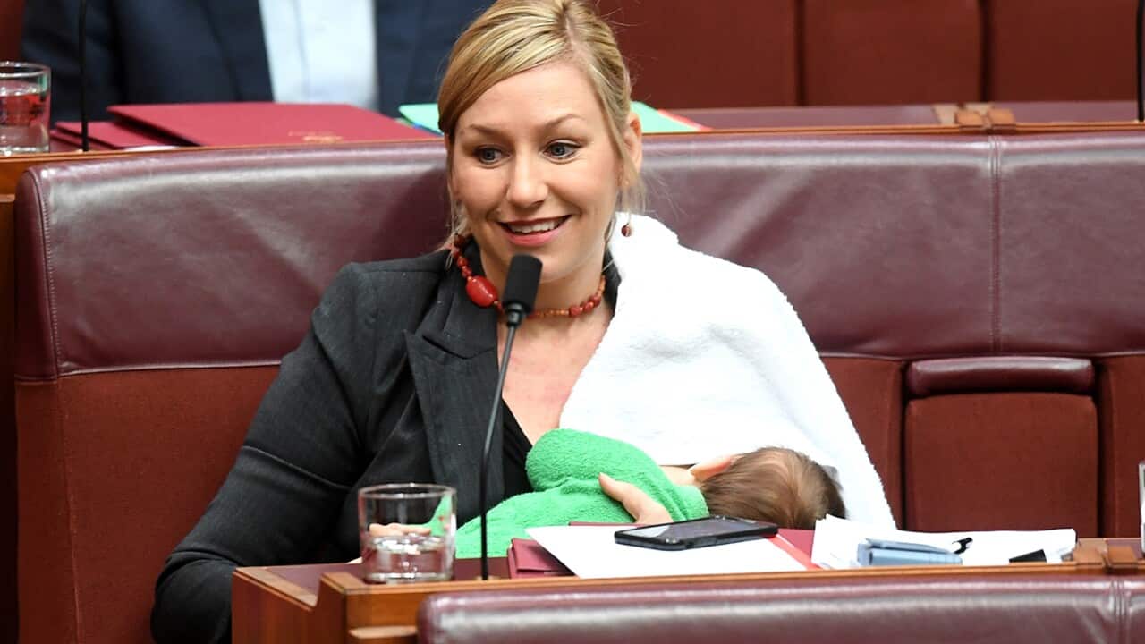 Australian Greens Senator Larissa Waters breastfeeds her eight-week-old baby Alia Joy during a division in the Senate chamber.