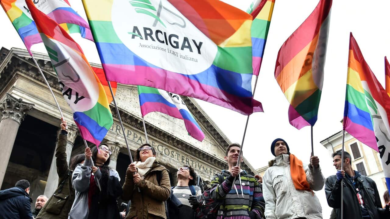 Supporters of same-sex civil union gather in front of the Pantheon in central Rome.