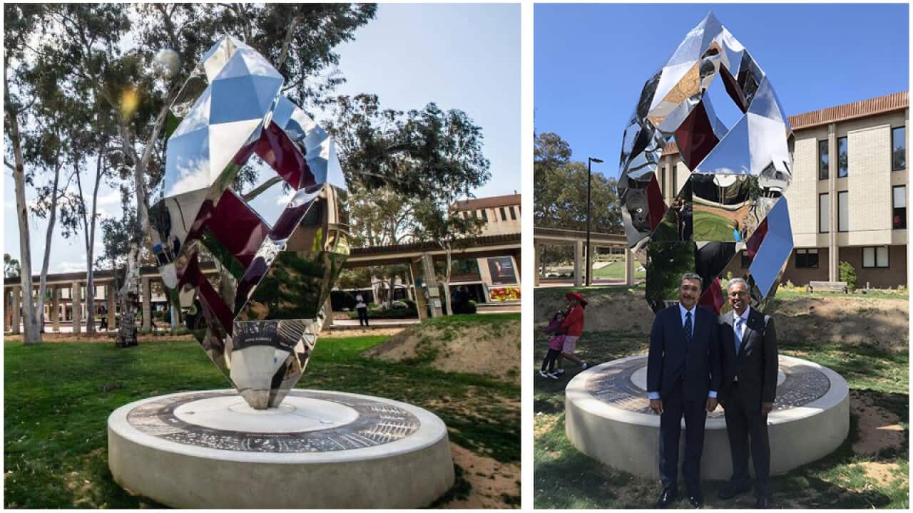Scupture 'One', Prof Deep Saini (Vice-Chancellor and President of the University of Canberra) and Dr Naren Chellappah