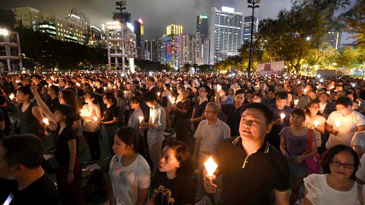Tens of thousands of people attend a candlelight vigil in Hong Kong on June 4, 2017, commemorating those killed in the 1989 military crackdown on a student-led pro-democracy protest in Beijing's Tiananmen Square. (Kyodo)==Kyodo