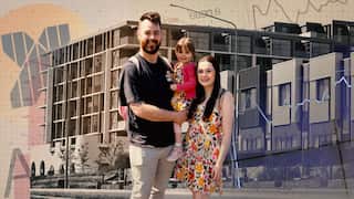 A composite image showing a couple holding a small child against a backdrop of apartment blocks