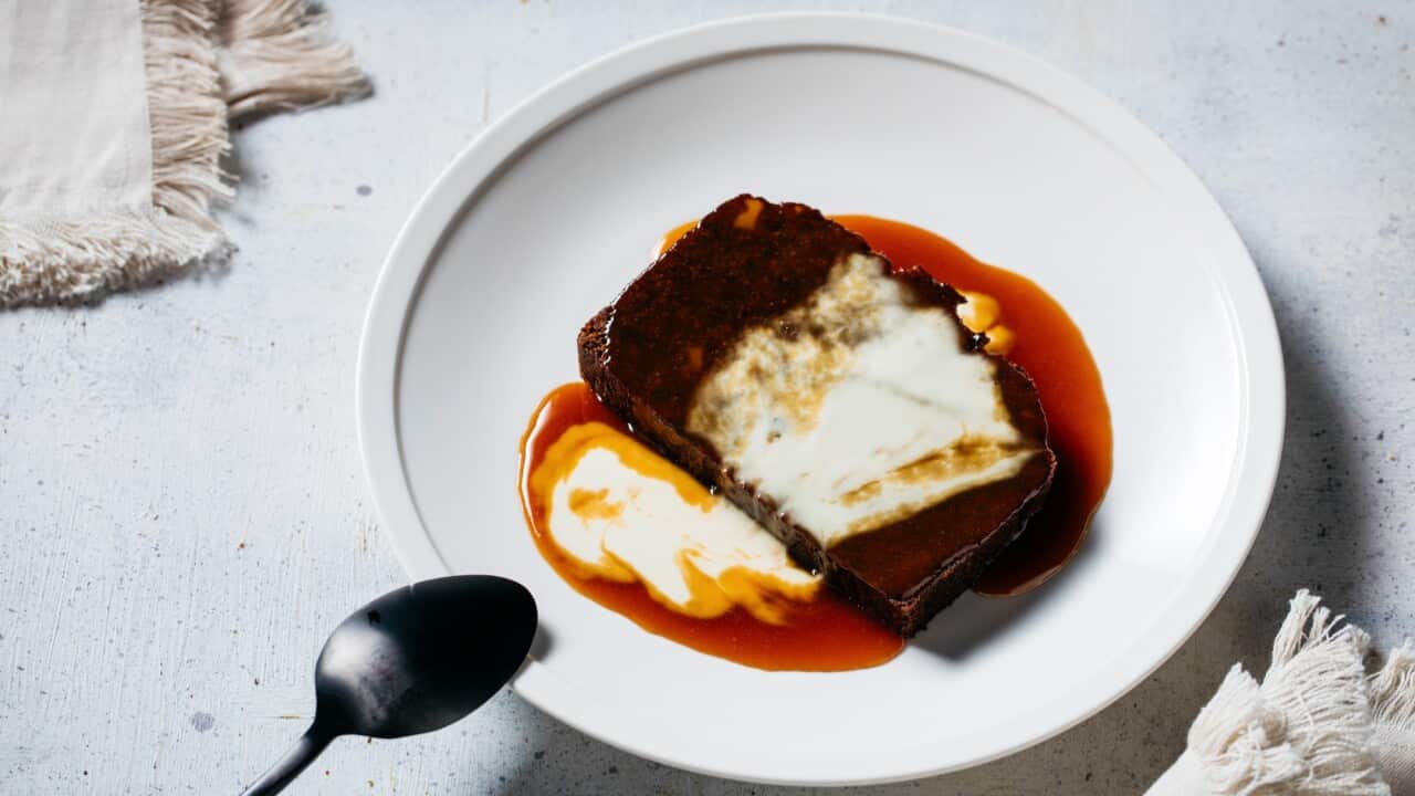 Date loaf with butterscotch and cream