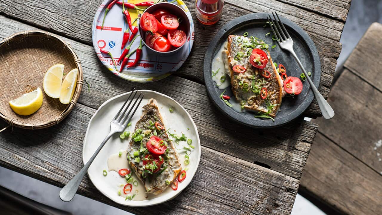 Pan-fried mulloway fillets with lemongrass and chilli
