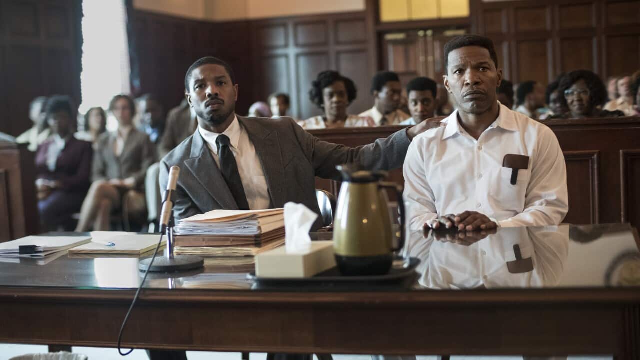 MICHAEL B. JORDAN as Bryan Stevenson and JAMIE FOXX as Walter McMillian (L_R) in 'Just Mercy'