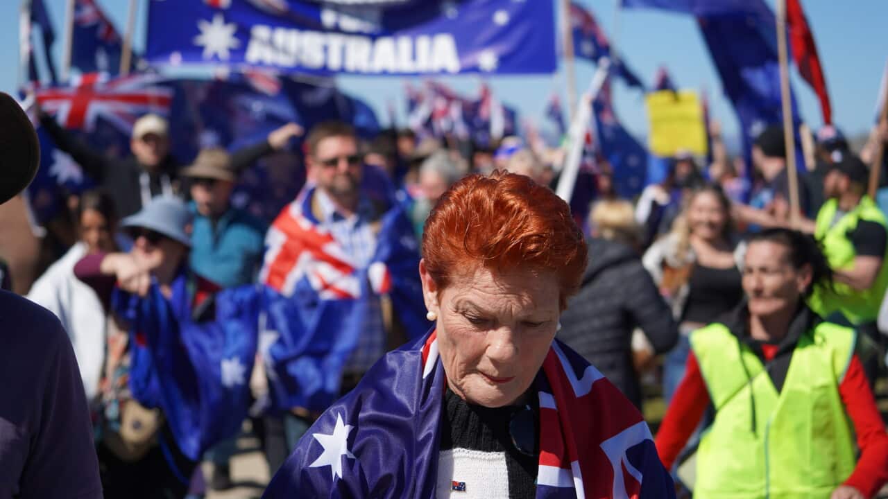 Pauline Hanson at a March for Australia rally in 2025