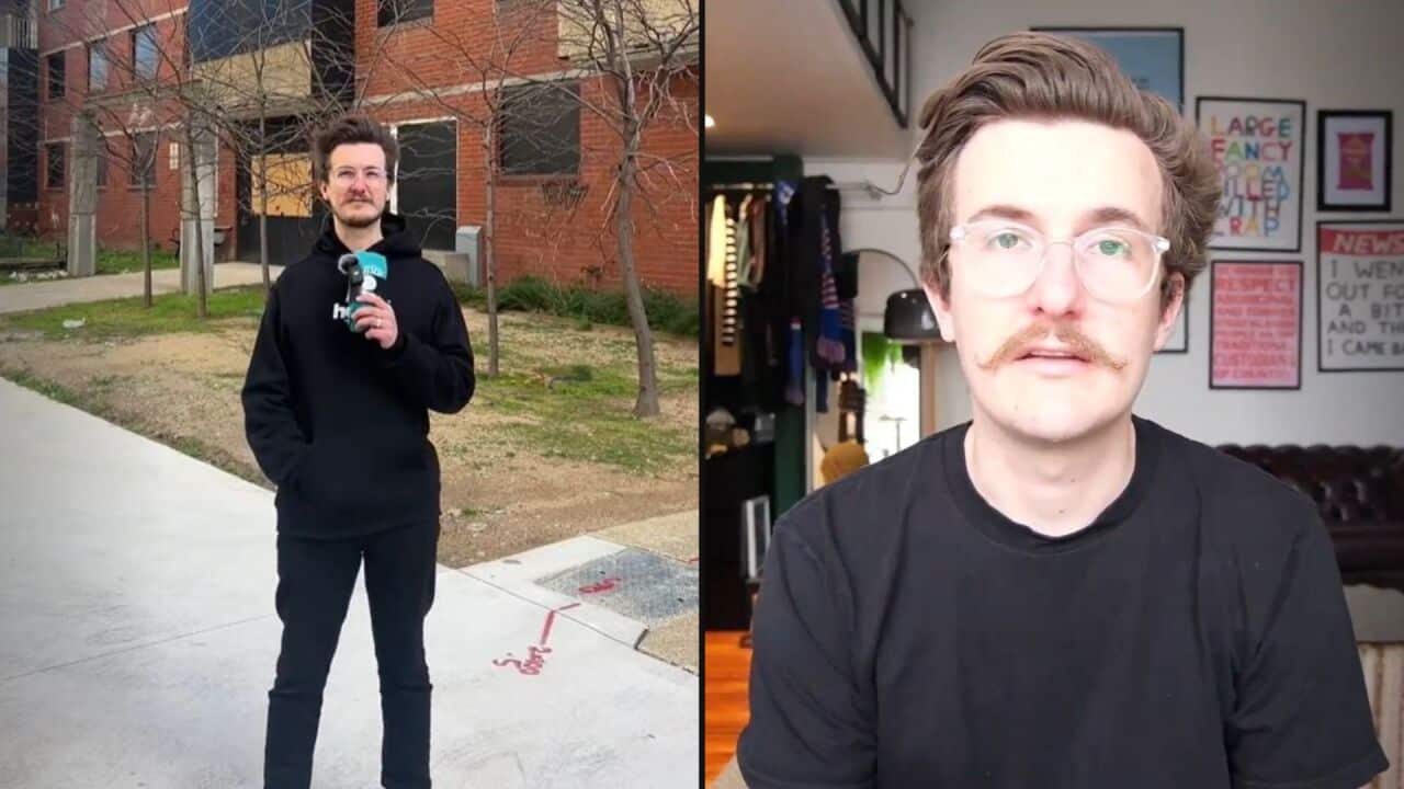 Composite image of a young man standing outside an apartment building on the left, and sitting at a desk speaking into a camera on the right