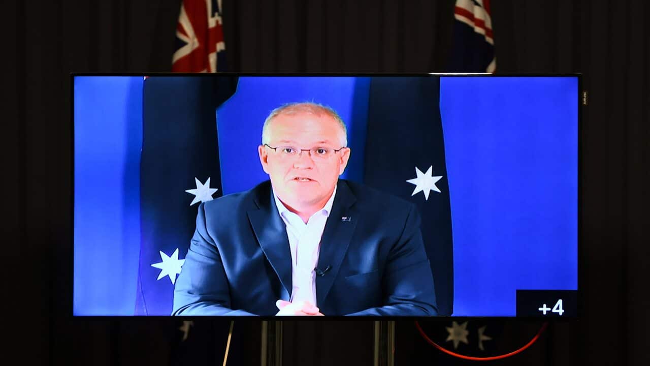 Australian Prime Minister Scott Morrison speaks to the media during a virtual press conference at Parliament House in Canberra, Saturday, November 21, 2020. (AAP Image/Lukas Coch) NO ARCHIVING