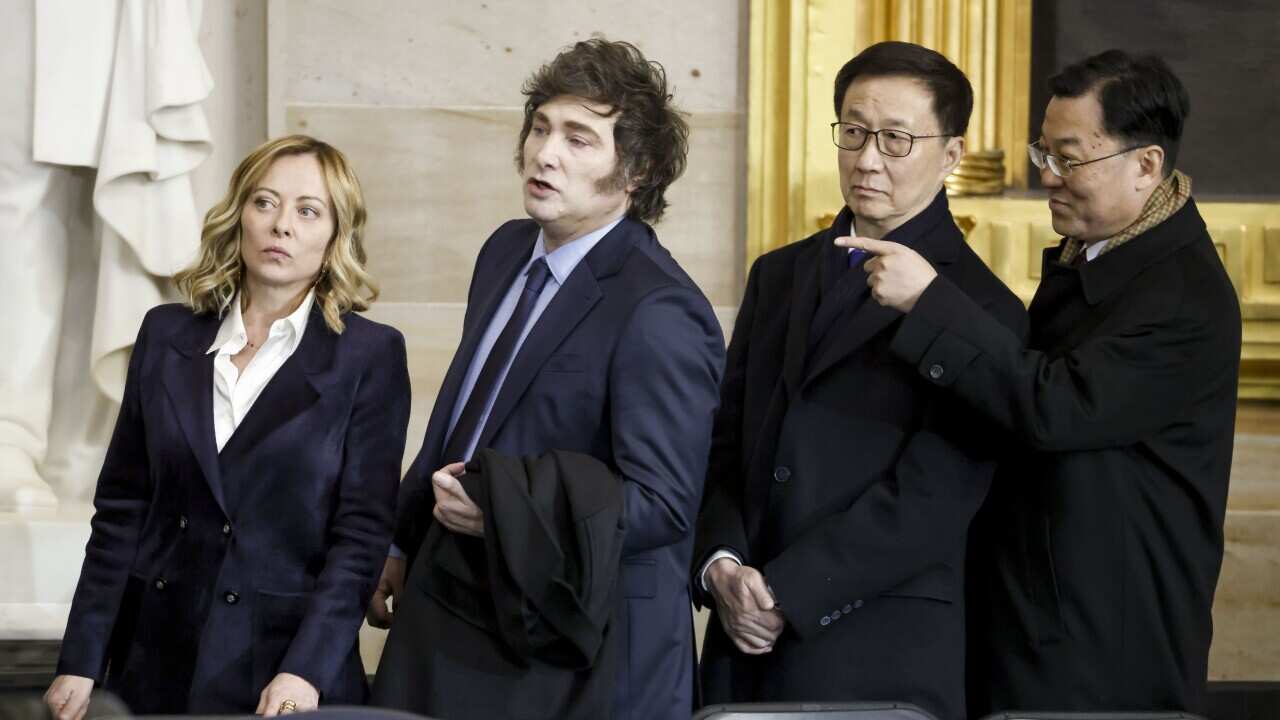 From left to right, Italy's Prime Minister Giorgia Meloni, Argentina's President Javier Milei, and China's Vice President Han Zheng during US President Donald Trump's inauguration as the 47th President of the United States in the rotunda of the United States Capitol in Washington, DC, USA, 20 January 2025.