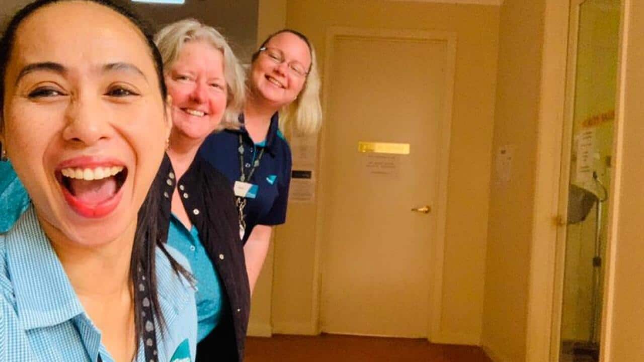 Yannie Addison and workmates at Aveo Aged Care, Croydon, Melbourne - 03 May 2020.