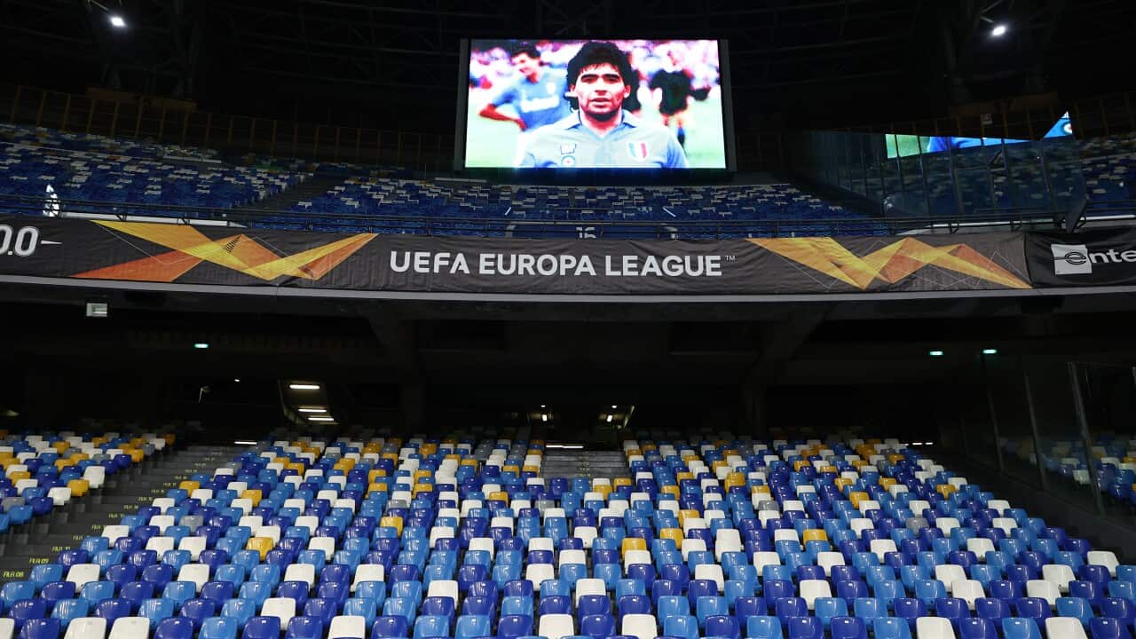 Tribute to Diego Armando Maradona prior to the Europa League Group Stage F football match between SSC Napoli and Rijeca FC at stadio San Paolo in Napoli (Italy), November 26th, 2020.Photo Cesare Purini / Insidefoto/Sipa USA