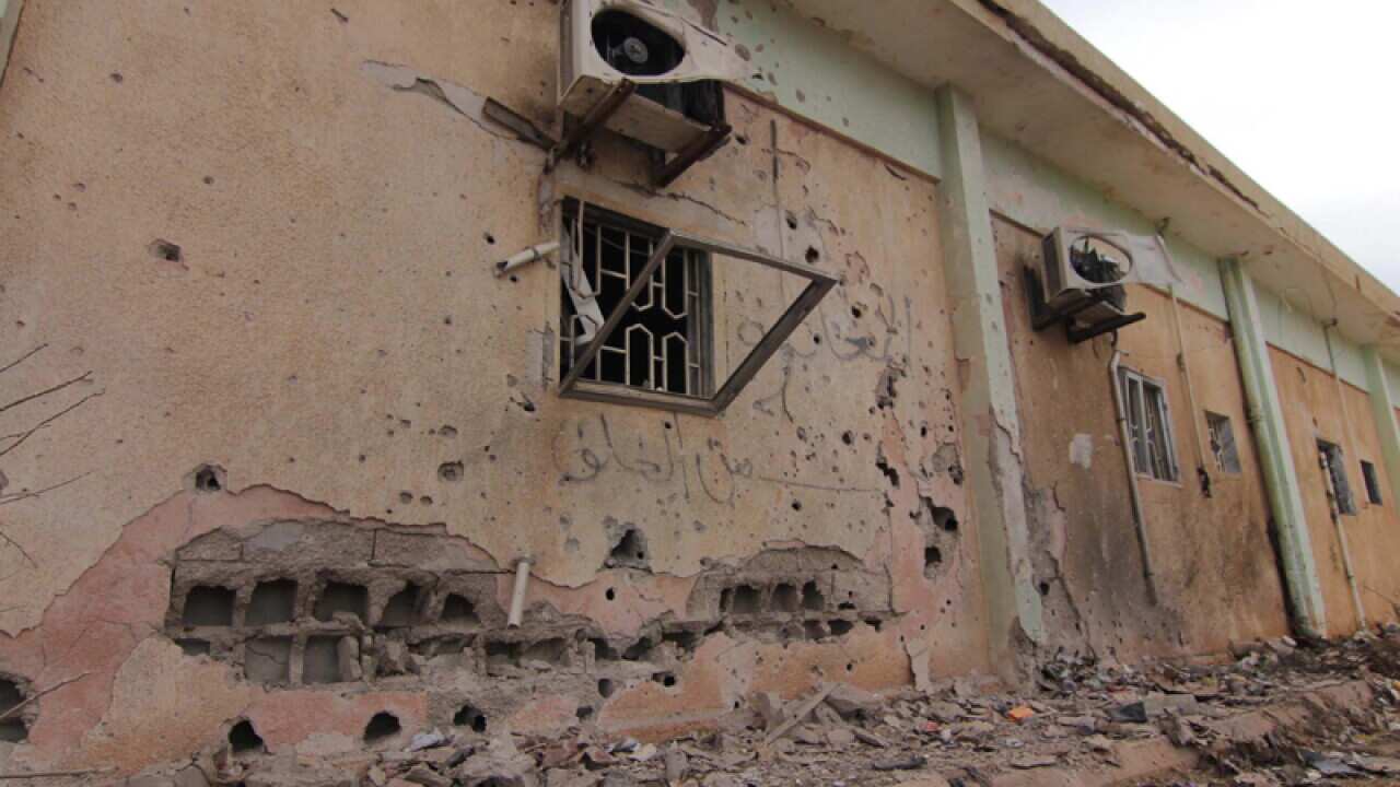 A damaged building at a jihadist camp in Benghazi