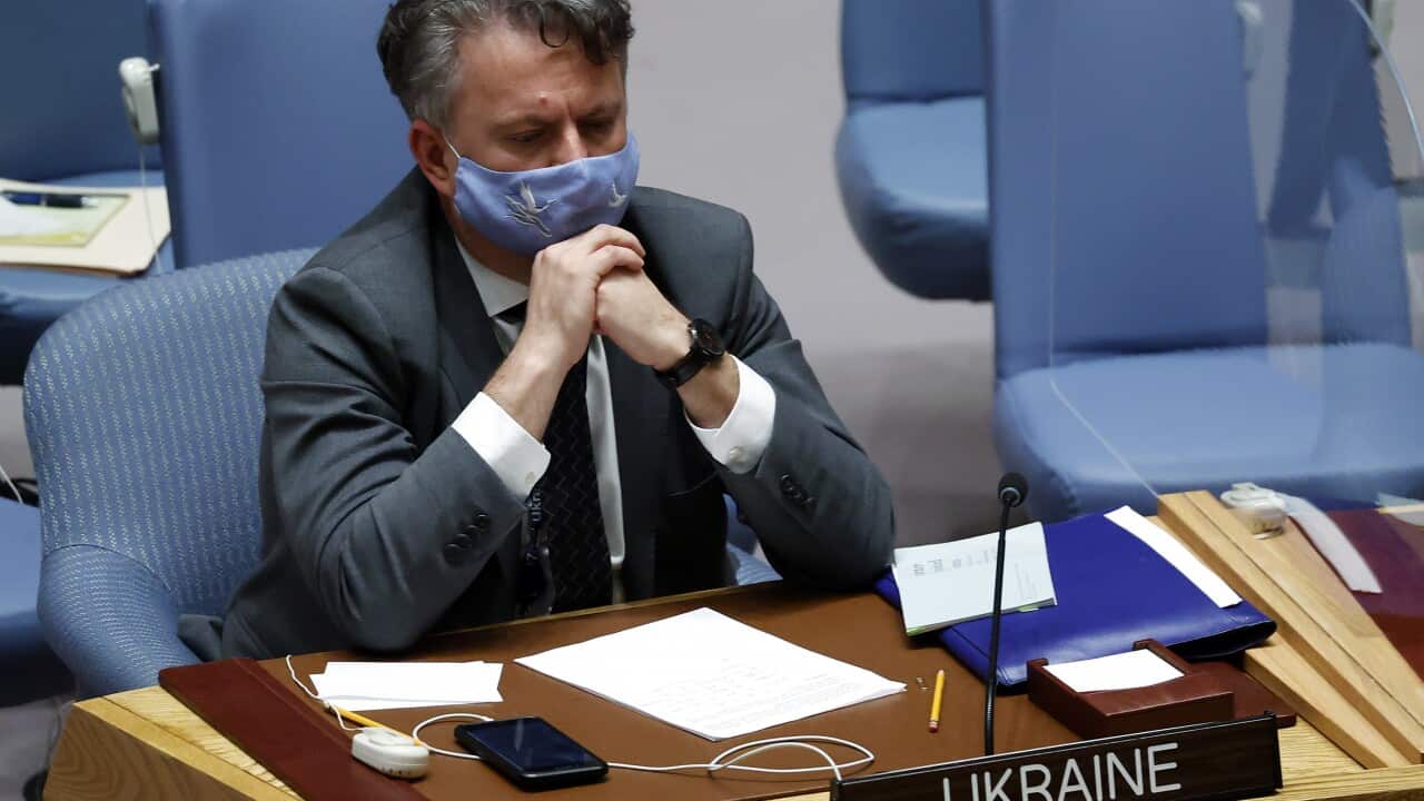 Ukraine Permanent Representative to the United Nations Sergiy Kyslytsya reacts during an emergency meeting in the UN Security Council chamber in New York, 23 February, 2022.