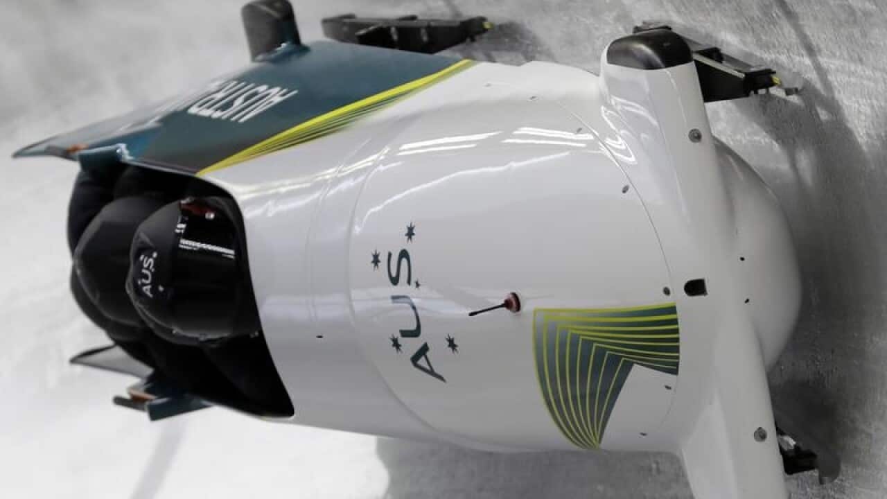 The Australian four-man bobsleigh team during a training session