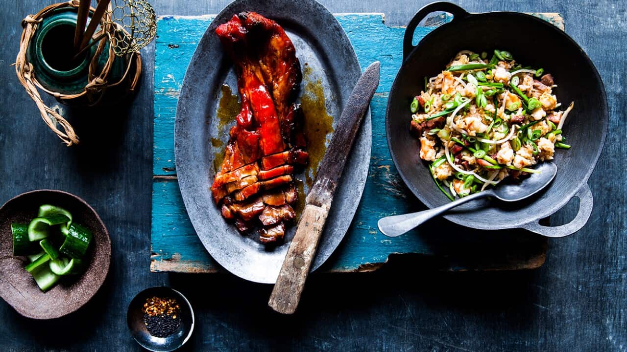Barbecue pork with prawn fried rice
