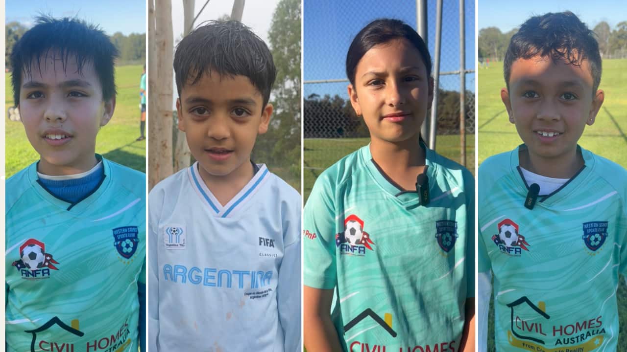 Young Nepali-Australian footballers from south-west Sydney (from left to right) Rijan Thapa, Reyansh Bhandari, Aria Sadaula, Benish Basnet share their World Cup favourites.