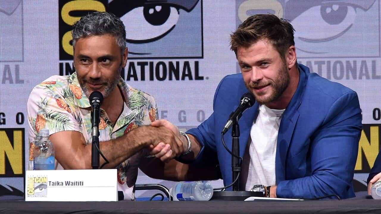 Director Taika Waititi (L) and actor Chris Hemsworth attend the Marvel Studios 'Thor: Ragnarok' Presentation during Comic-Con.