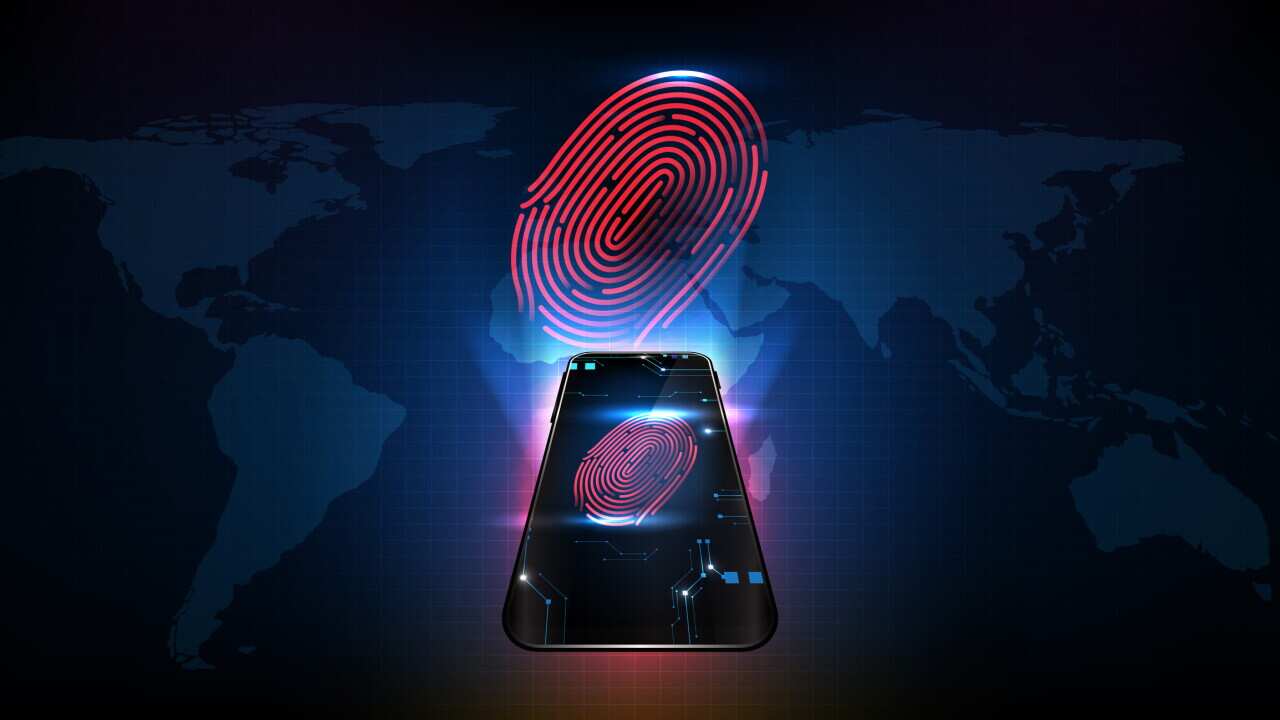 abstract background of futuristic technology smart mobile phone with Fingerprint Scanning Identity Check