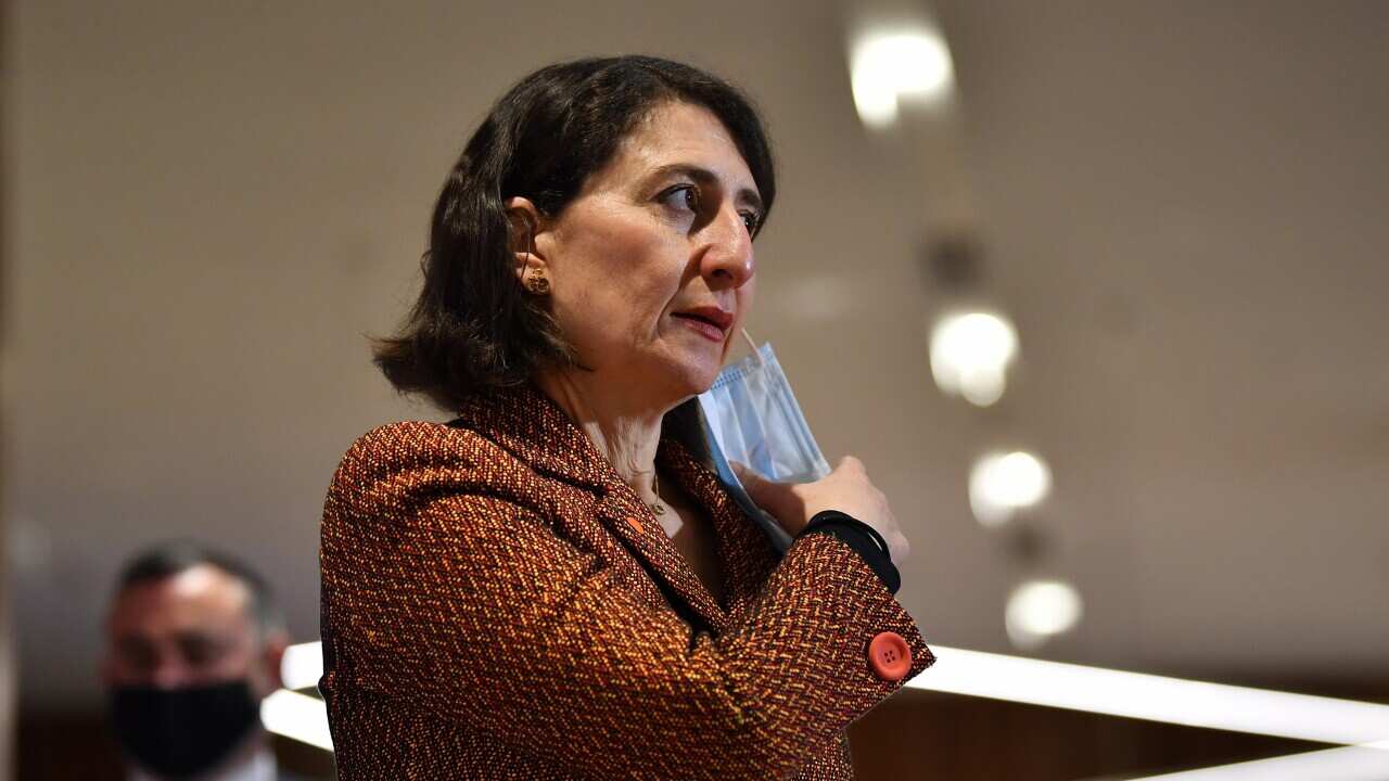 NSW Premier Gladys Berejiklian arrives to speak to the media during a press conference in Sydney, Tuesday, August 24, 2021. (AAP Image/Joel Carrett) NO ARCHIVING