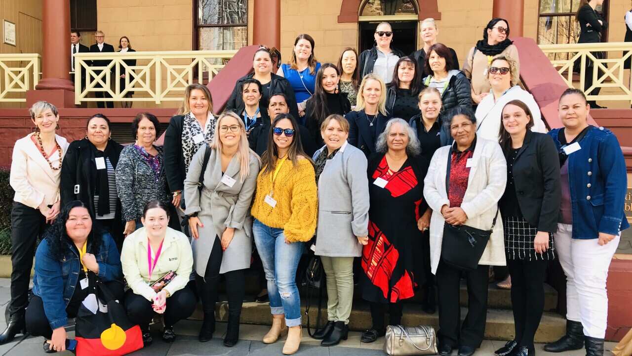 Aboriginal domestic violence specialist workers outside NSW Parliament House.
