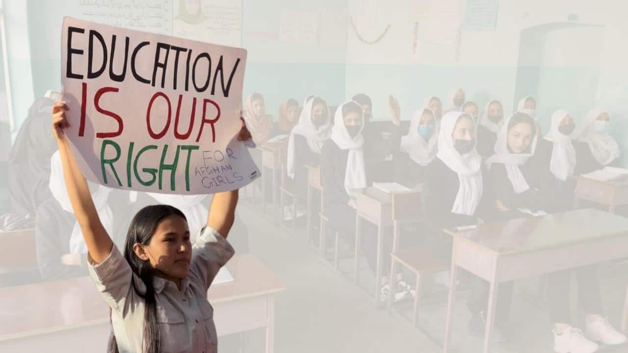 Young Afghanistan woman holding an protest placard "Education is our right for Afghanistan girls".
