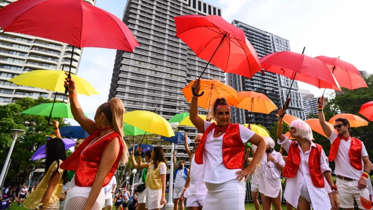 Participants prepare for the 42nd annual Gay and Lesbian Mardi Gras parade in Sydney, Saturday, February 29, 2020.