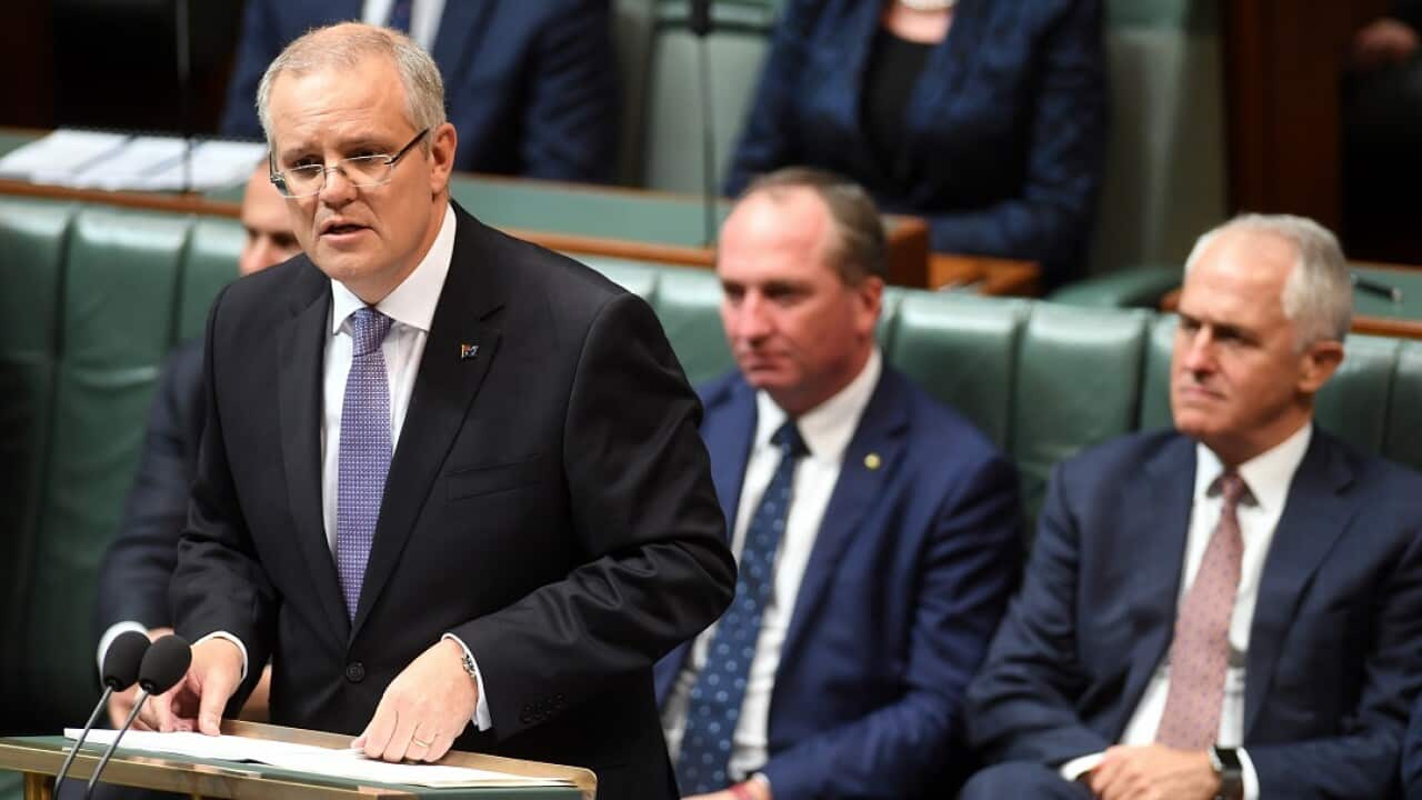 Australian Federal Treasurer Scott Morrison speaks at the dispatch box during the delivery of the 2017-18 Federal Budget in Parliament House.