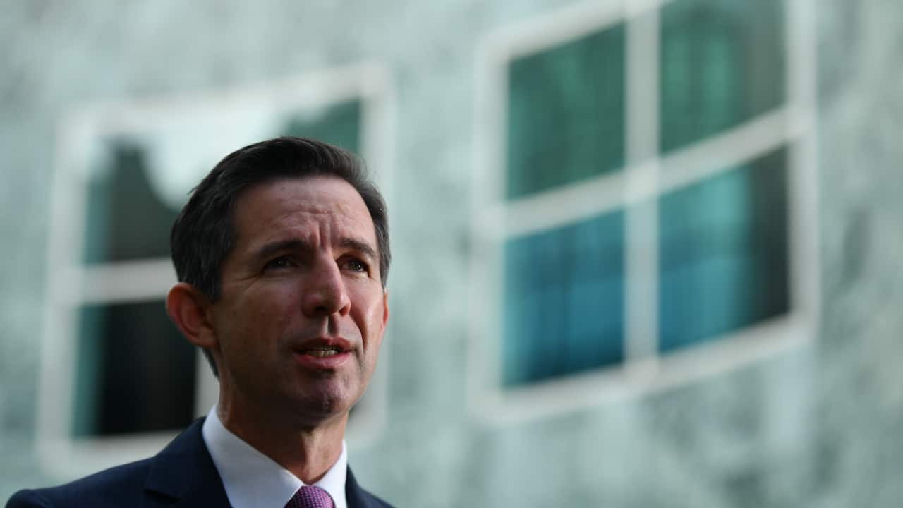 Simon Birmingham at a press conference at Parliament House in Canberra
