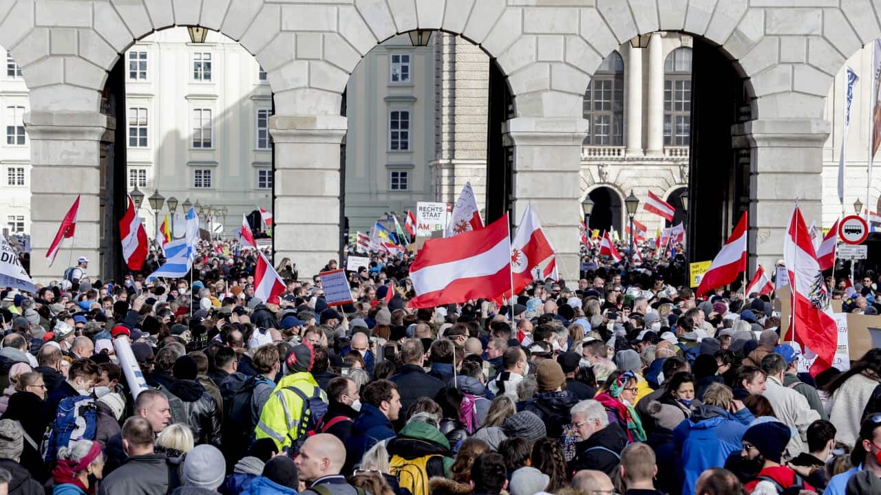 People take part in a demonstration against the country's coronavirus restrictions in Vienna, Austria, 20 November 2021.