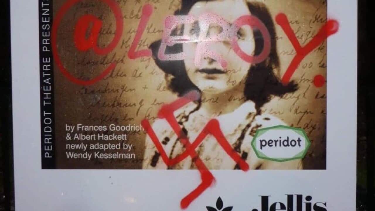 The vandalised sign promoting the Peridot Theatre Company's production of The Diary of Anne Frank.
