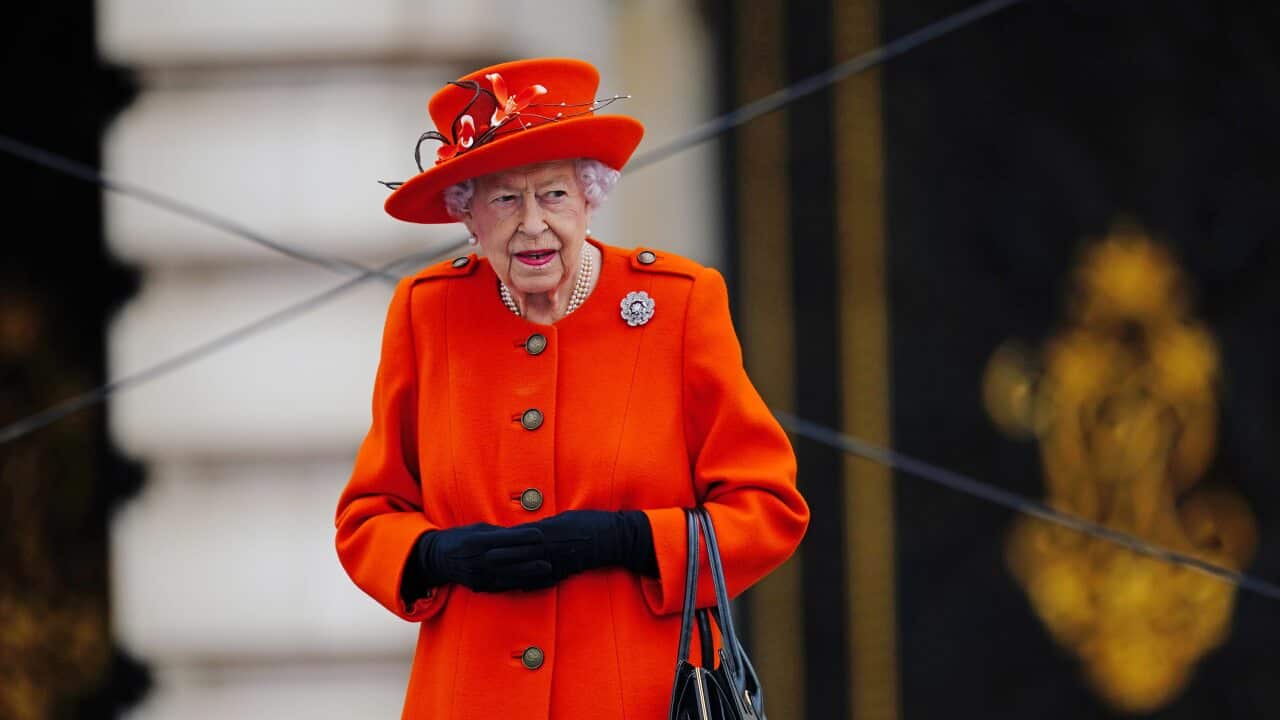 Queen Elizabeth II at the launch of the Queen's Baton Relay for Birmingham 2022 on the forecourt of Buckingham Palace in London, 7 October 2021.