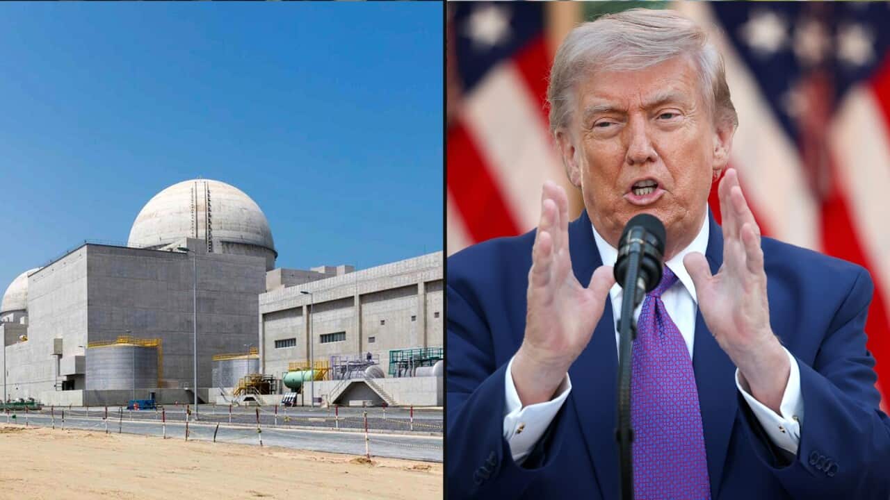 A composite image of a power plant building on the left and a man talking in front of a microphone with his hands raised on the right.