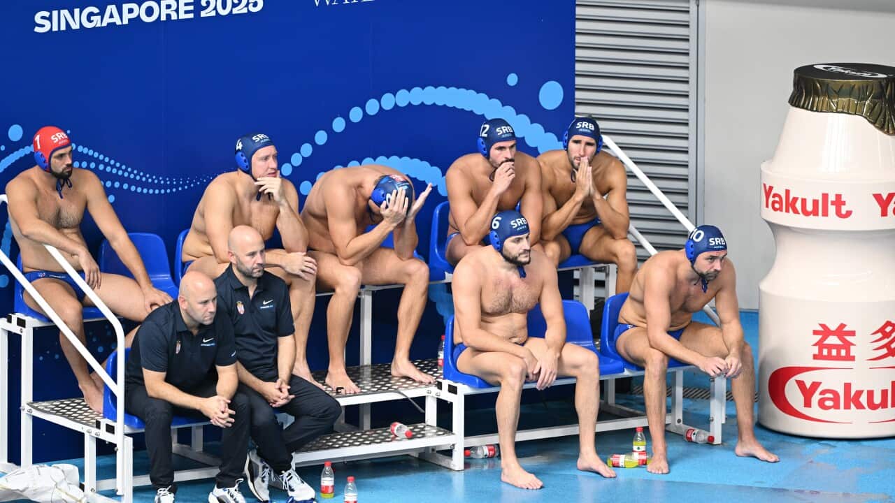 Members of team Serbia react during the Men Water Polo Bronze medal match against Greece at the World Championships in Singapore 2025