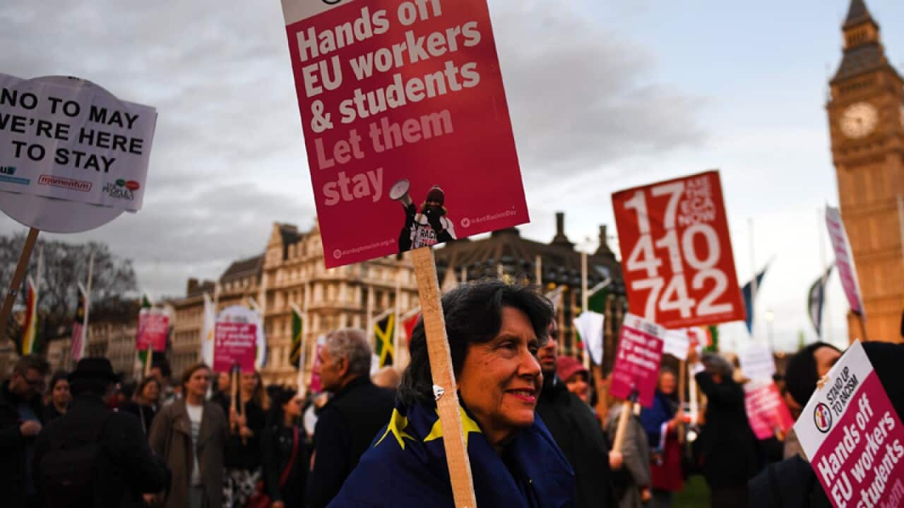 Protesters demonstrate outside parliament in London