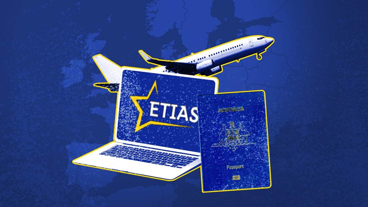 A graphic of a passport, computer and plane on a blue background.