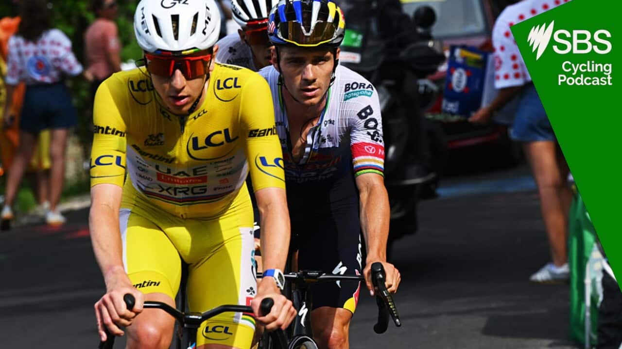 PLATEAU DE SOLAISON, FRANCE - JULY 19: (L-R) Tadej Pogacar of Slovenia and UAE Team Emirates - XRG - Yellow Leader Jersey and Remco Evenepoel of Belgium and Team Red Bull - BORA - hansgrohe compete during the 113th Tour de France 2026, Stage 15 a 183.9km a 155.3km stage from Champagnole to Plateau de Solaison 1501m / #UCIWT / on July 19, 2026 in Plateau de Solaison, France. (Photo by Tim de Waele/Getty Images)