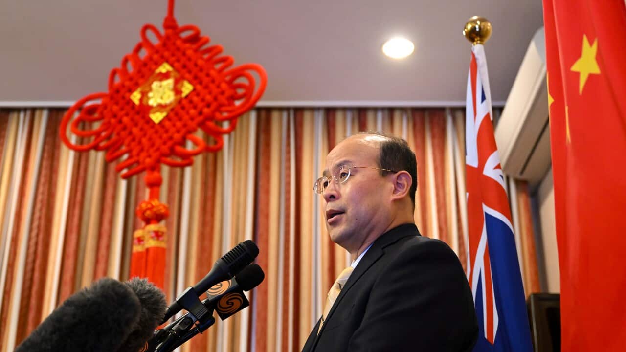 China's ambassador speaks at a press conference.