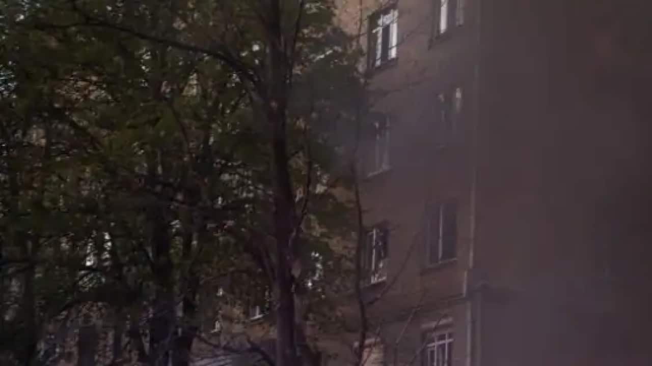 Firefighters try to put out a fire following an explosion in Kyiv, Ukraine on Thursday, 28 April 2022.