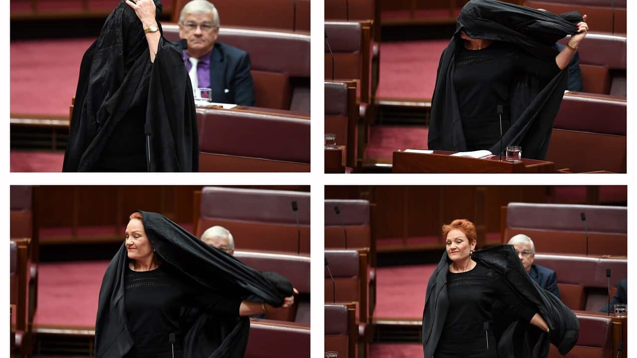 A combined picture of One Nation Senator Pauline Hanson taking off a burqa during Senate Question Time at Parliament House in Canberra.