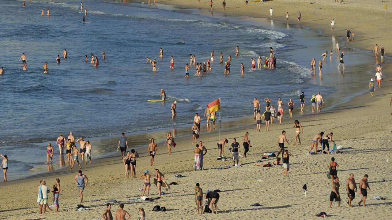 People enjoy the water at sunrise at Bondi Beach