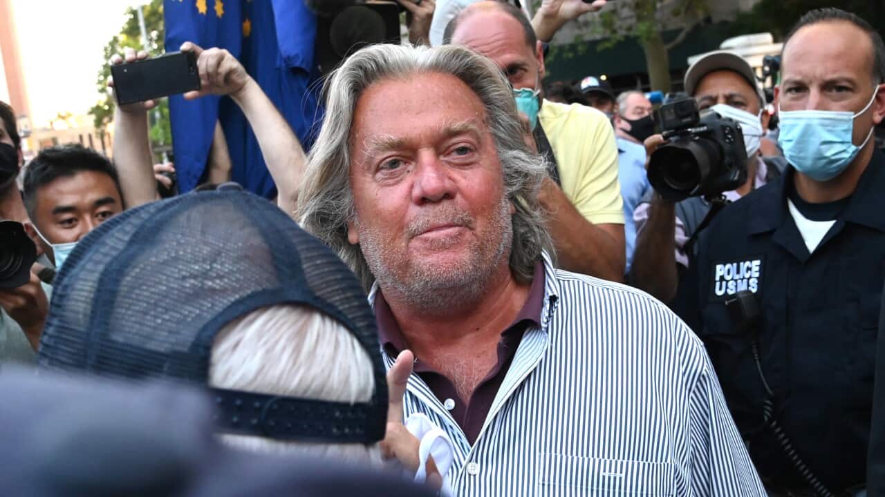 Former White House adviser Steve Bannon exits Manhattan federal court on Thursday, 20 August, 2020 in New York.