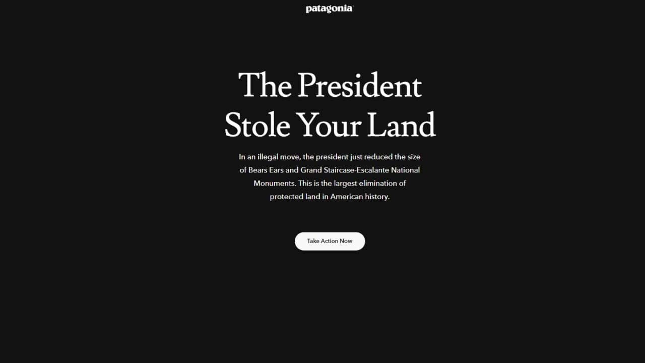 Patagonia's website following Donald Trump's Utah monument decision.