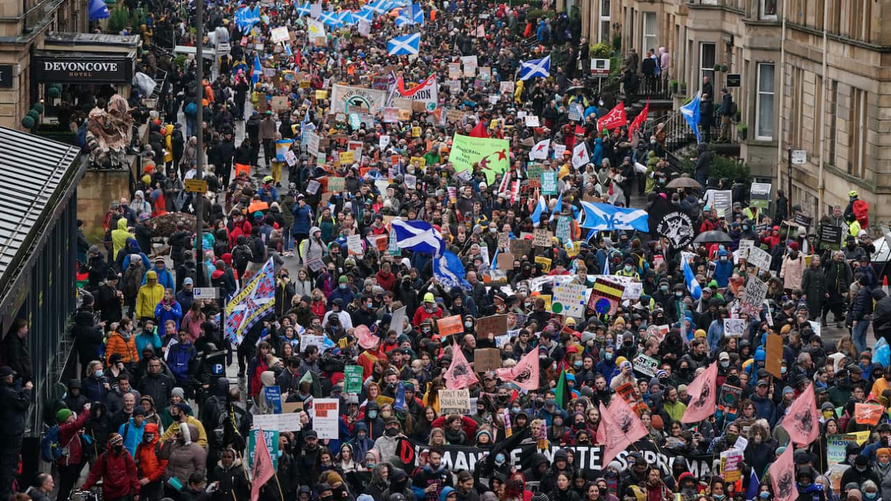 Climate activists attend a protest organised by the COP26 Coalition in Glasgow, Scotland.