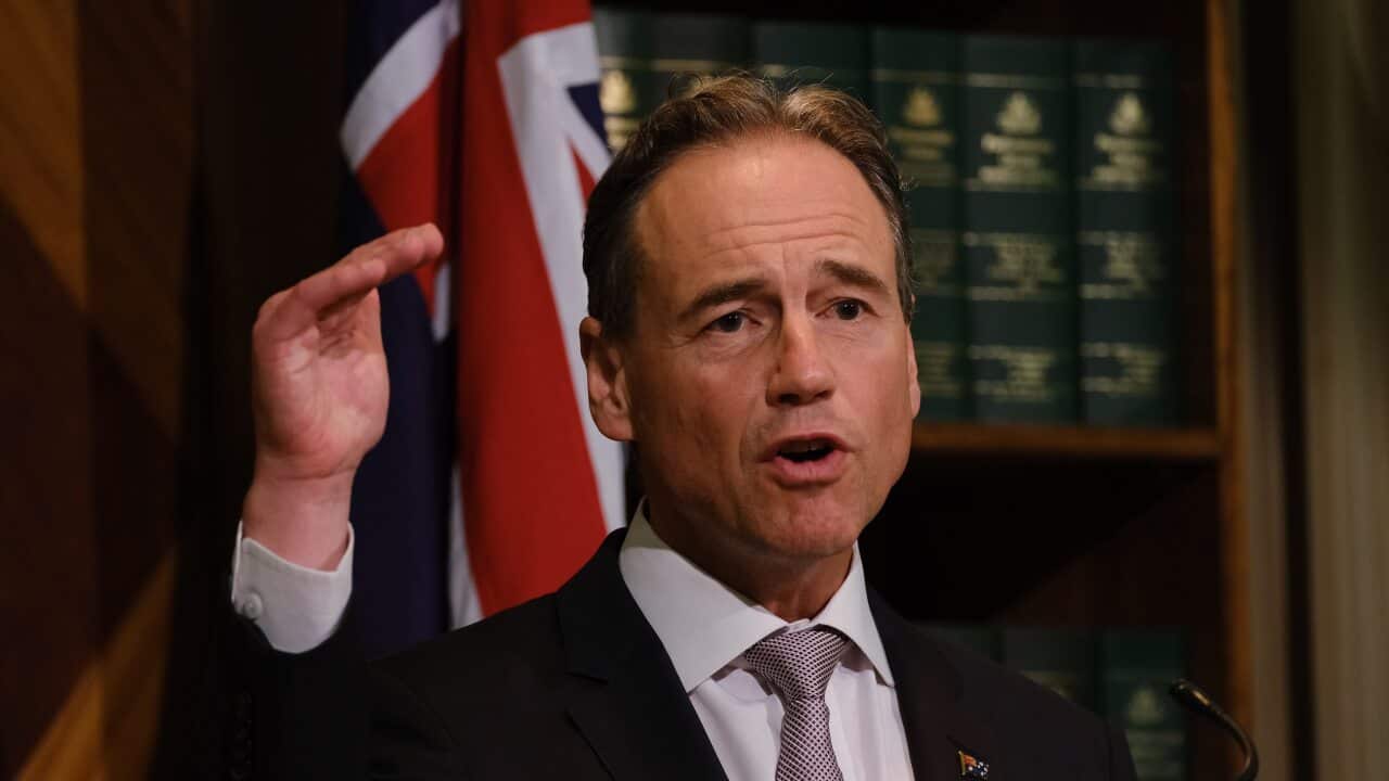 Federal Health Minister Greg Hunt speaks to the media during a press conference in Melbourne, Tuesday, April 20, 2021. (AAP Image/Luis Ascui) NO ARCHIVING