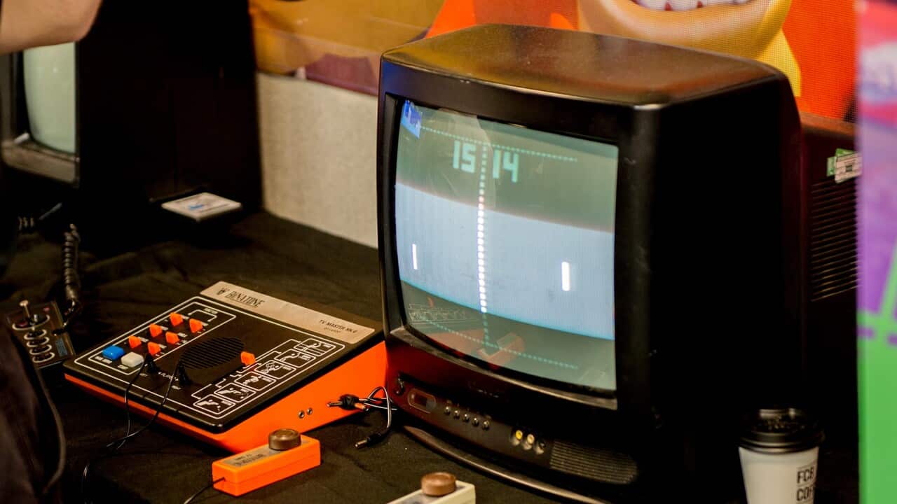 Vintage Video Game console with Pong playing seen during London Film and Comic Con 2019