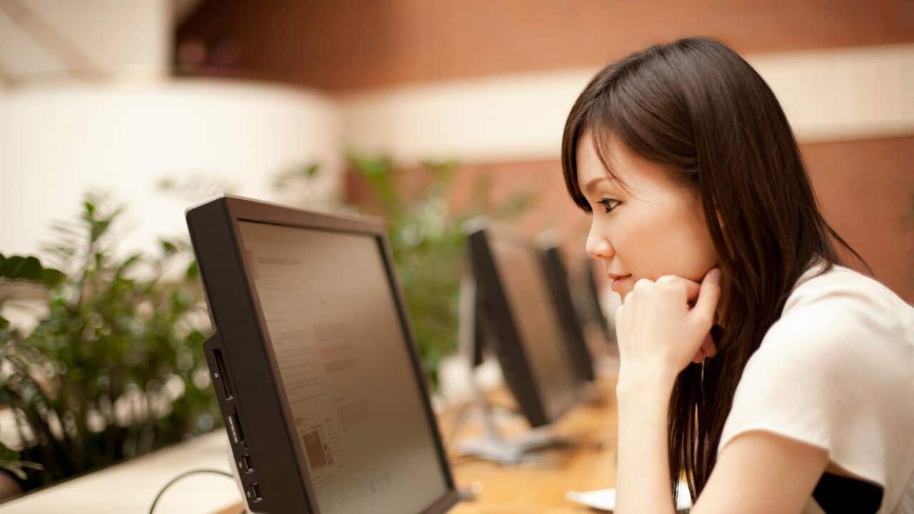 Mid adult woman looking at computer monitor